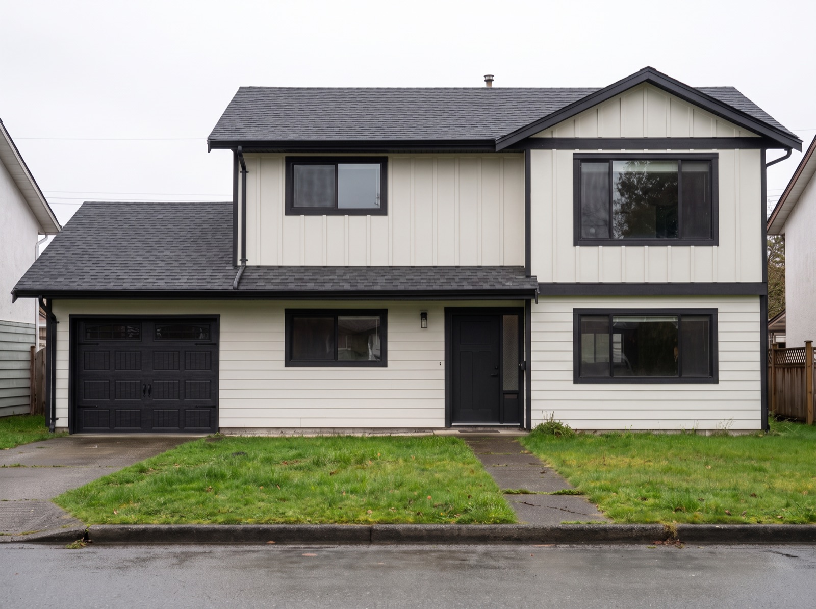 The same house after: new charcoal architectural shingles, board-and-batten fibre cement siding in warm white, black trim and gutters