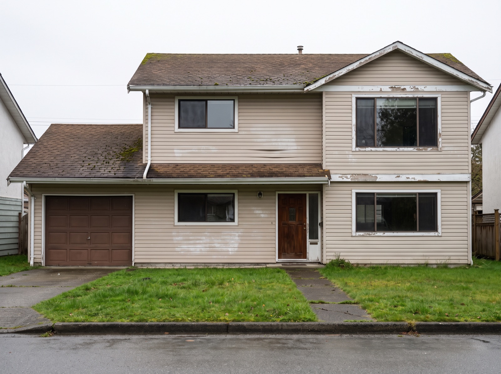 Before: two-storey house with faded beige vinyl siding, curling brown asphalt shingles and peeling white trim